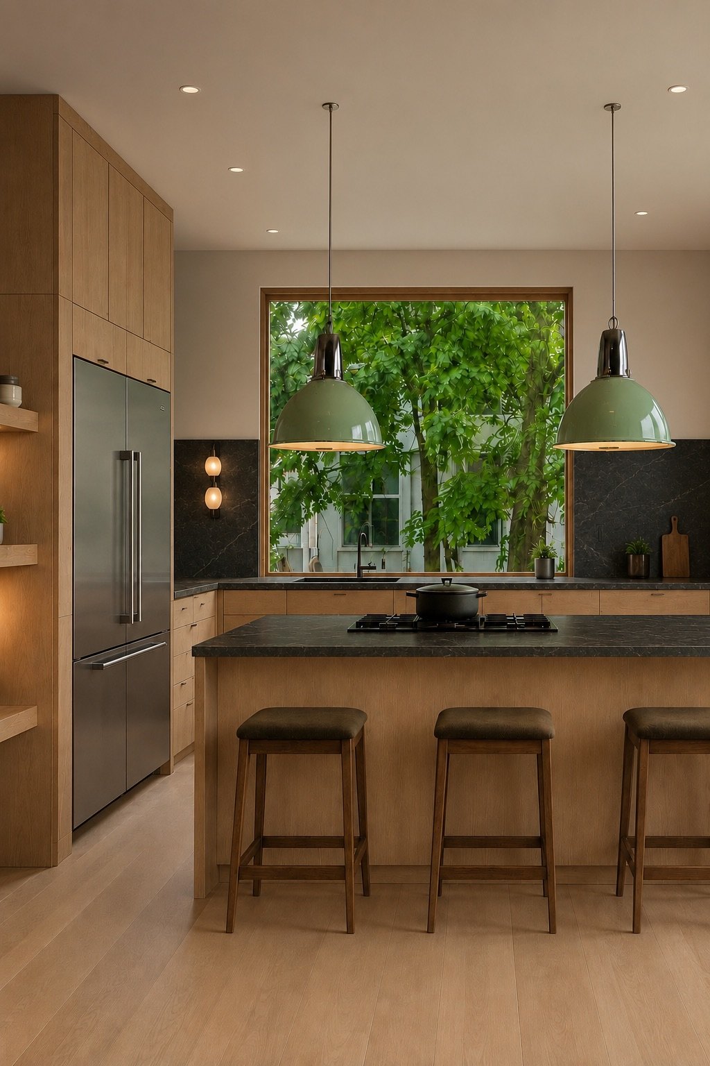 Kitchen with white oak cabinetry, black soapstone island, sage green pendants and a garden window