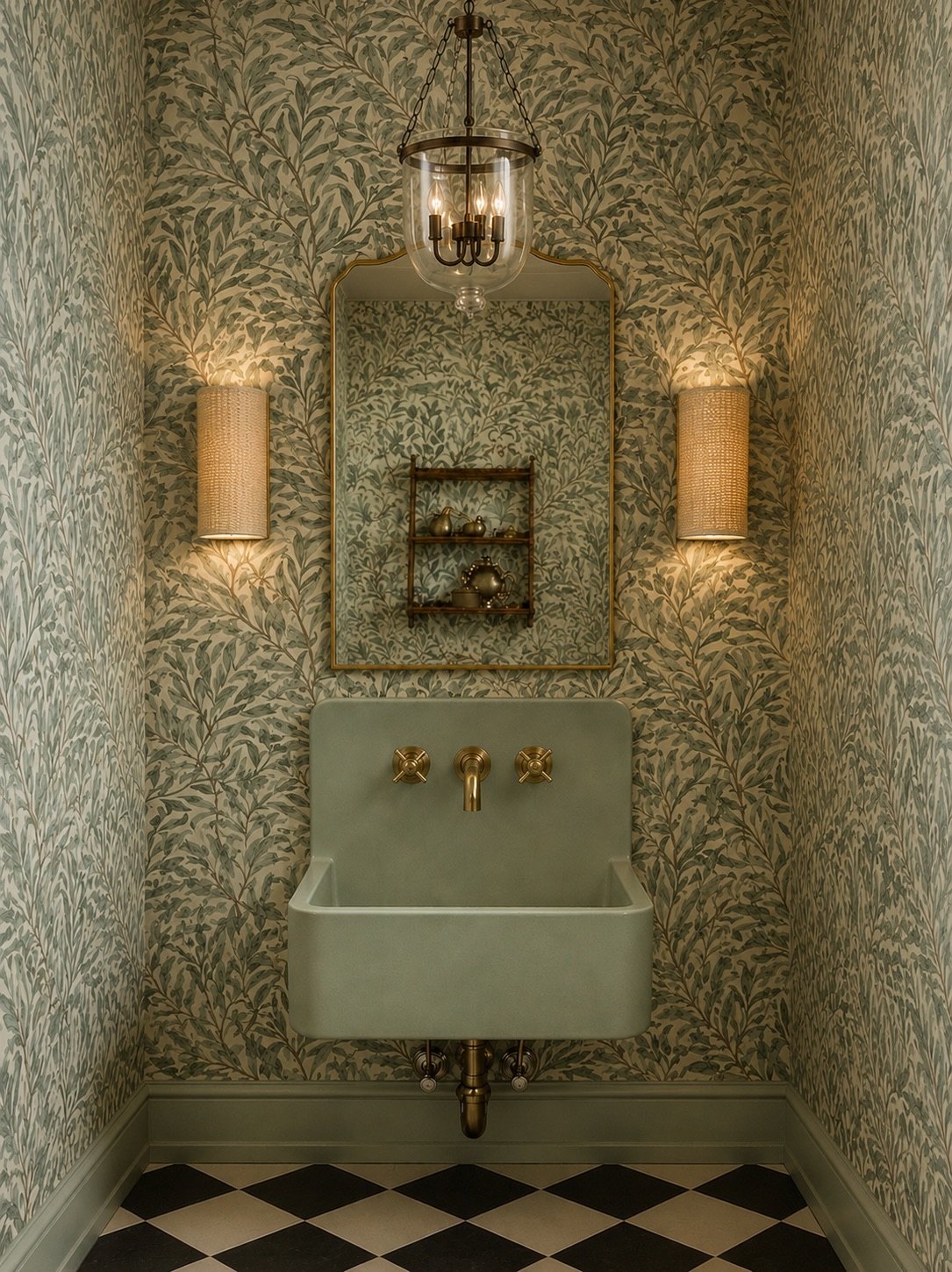 Powder room papered in a green willow pattern with a sage sink, brass fittings and a checkerboard floor