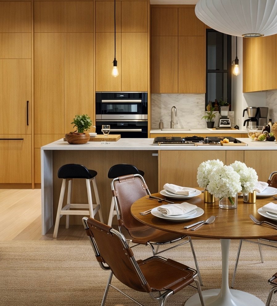Kitchen with rift oak cabinetry, stone island and leather sling chairs