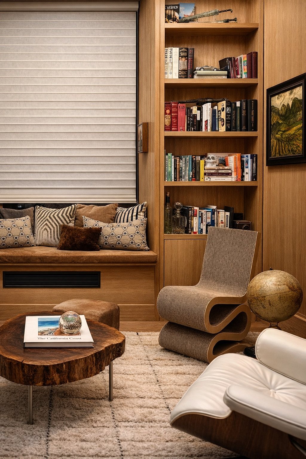 Library with oak shelving, a window banquette and a corrugated cardboard chair