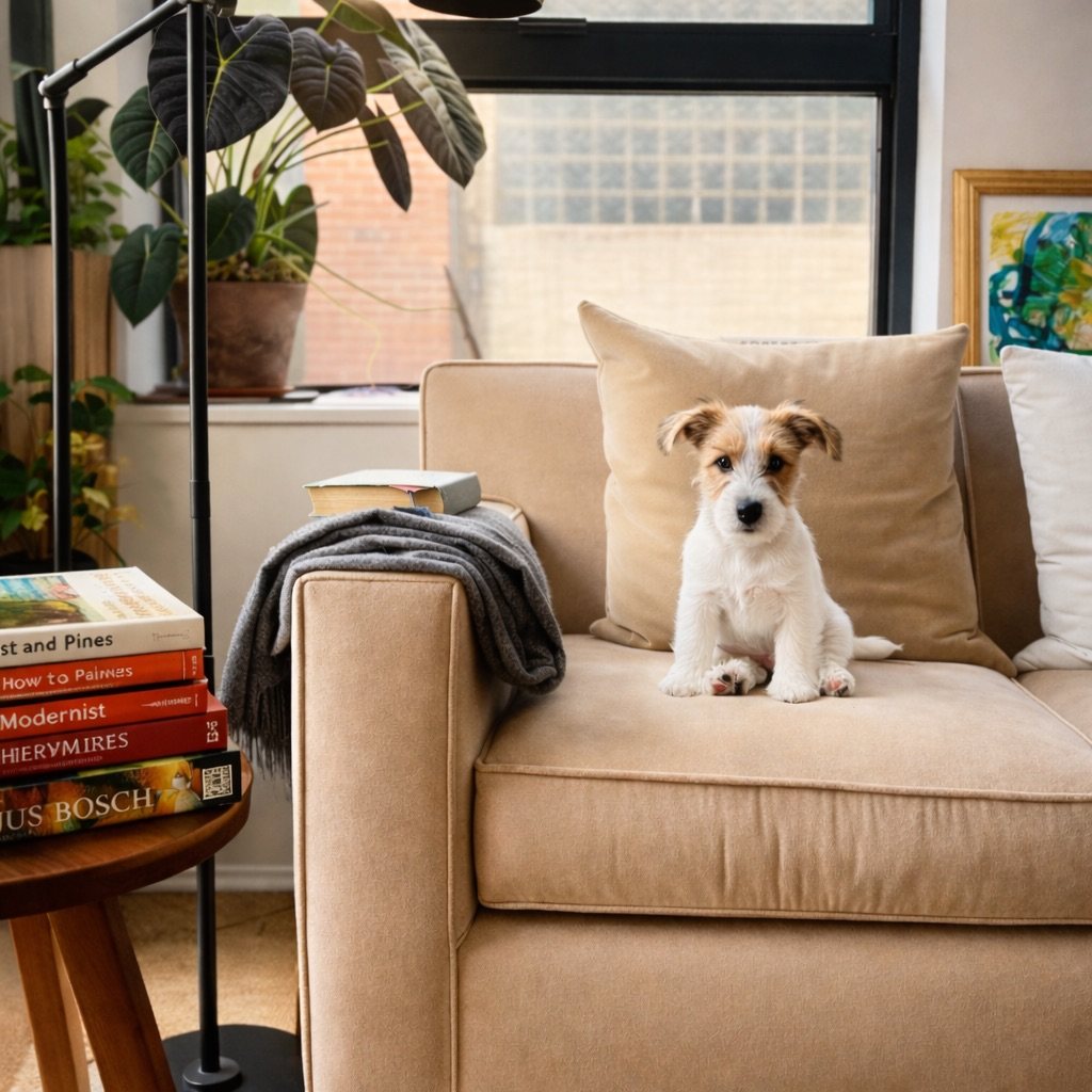Corner of the sofa by the window with books stacked on a side table